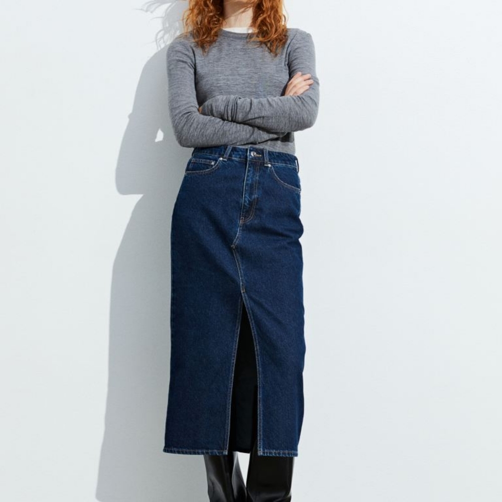 H&M denim midi skirt front slit blue BNWT